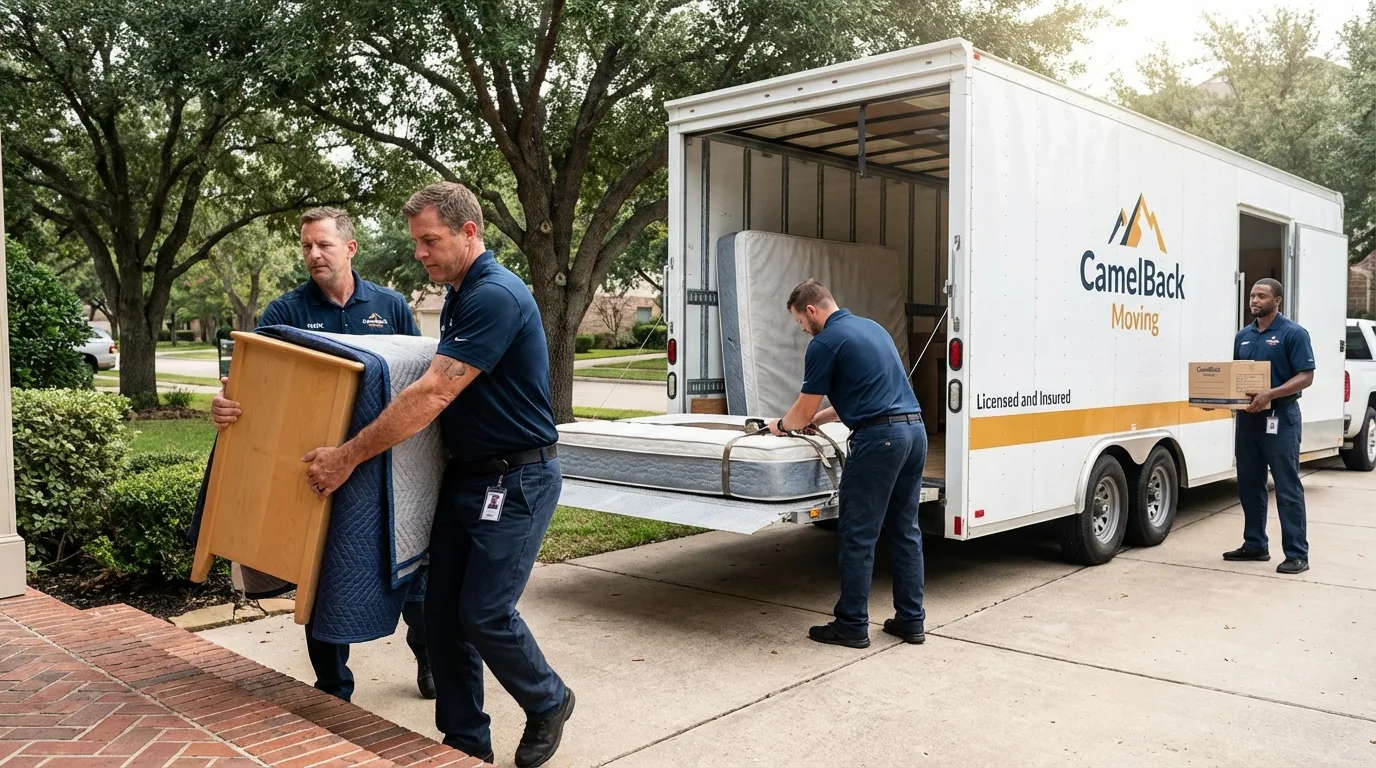 Crew loading residential truck for cross-state move from Galveston, TX