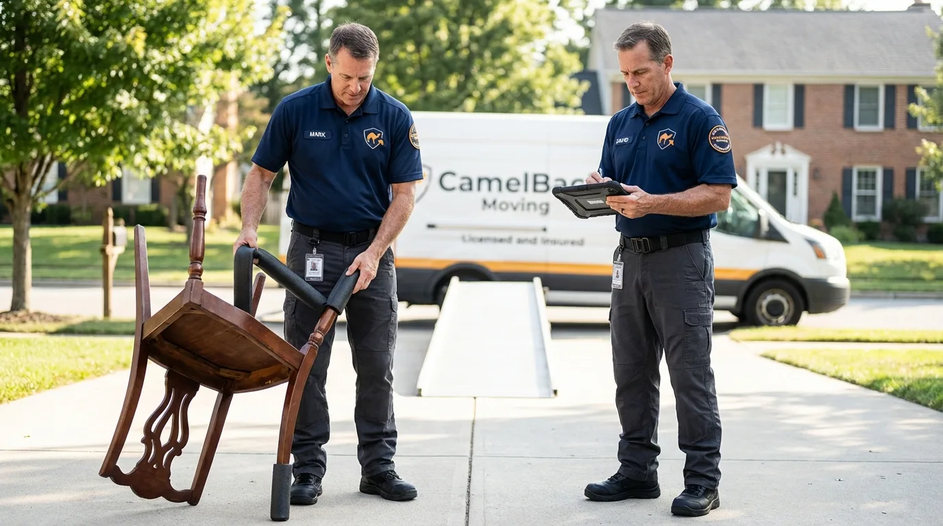 Movers inspecting furniture for damage prevention before loading in Galveston, TX