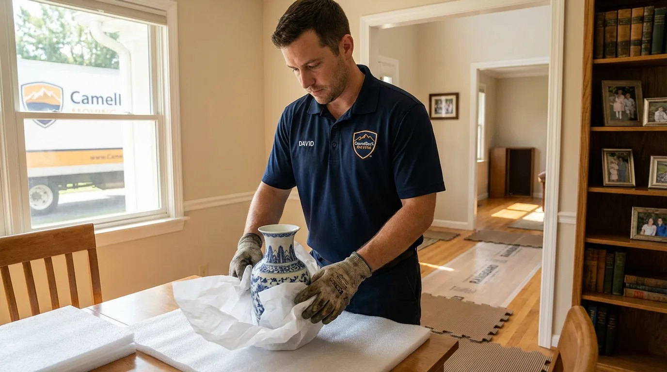 Professional crew carefully wrapping antique vase for senior downsizing move in Galveston, TX